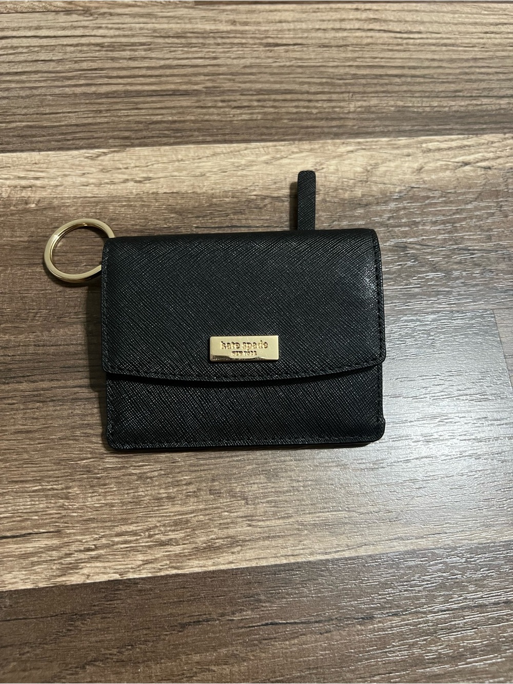 Kate Spade Black Saffiano Leather Compact Card Wallet with Gold Ring